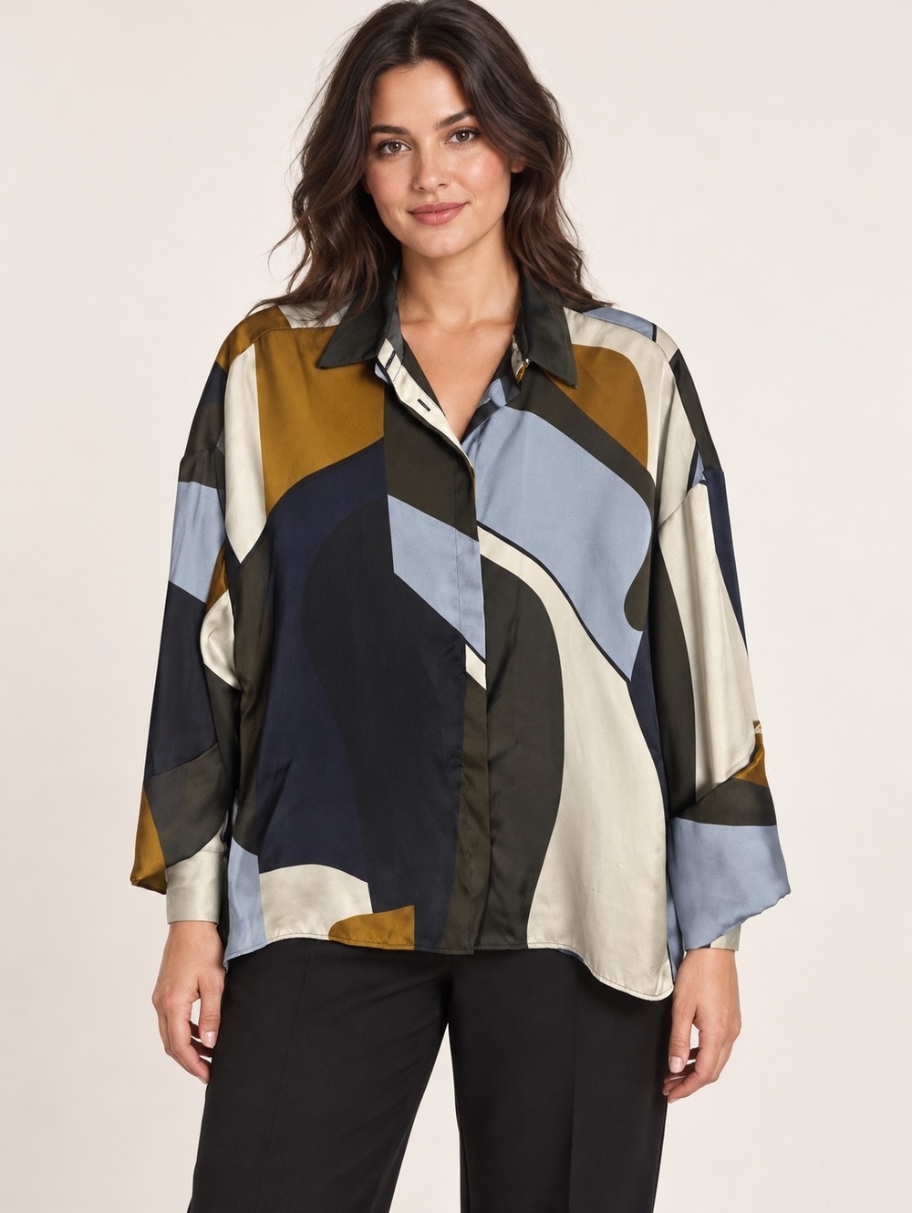 Zara Abstract Geometric Satin Button Down Blouse Medium